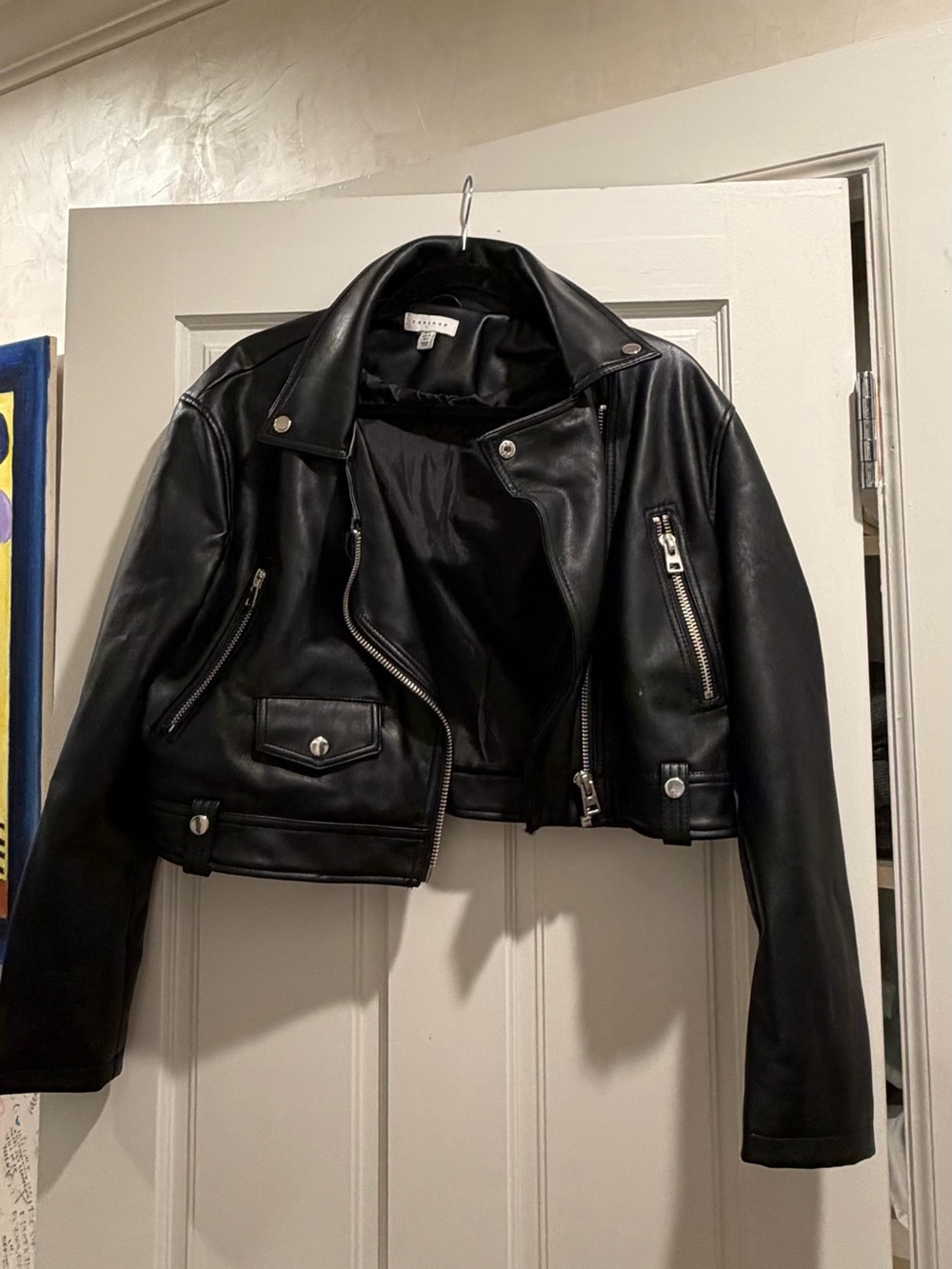 Topshop Black Cropped Leather Biker Jacket
